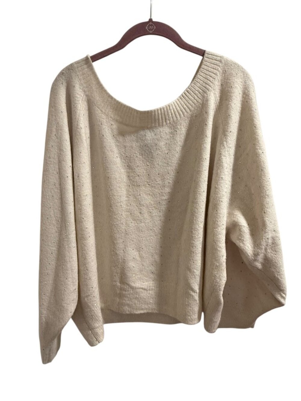 Cream Rhinestone Embellished Knit Sweater With Wide Neckline & Ribbed Hem